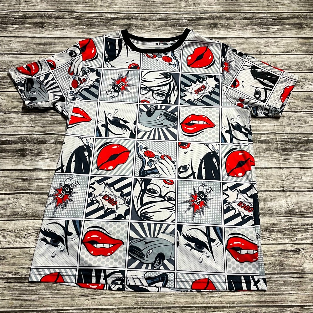 Men’s Medium Oh, Snap! comic book pop art silky shirt LIKE NEW!